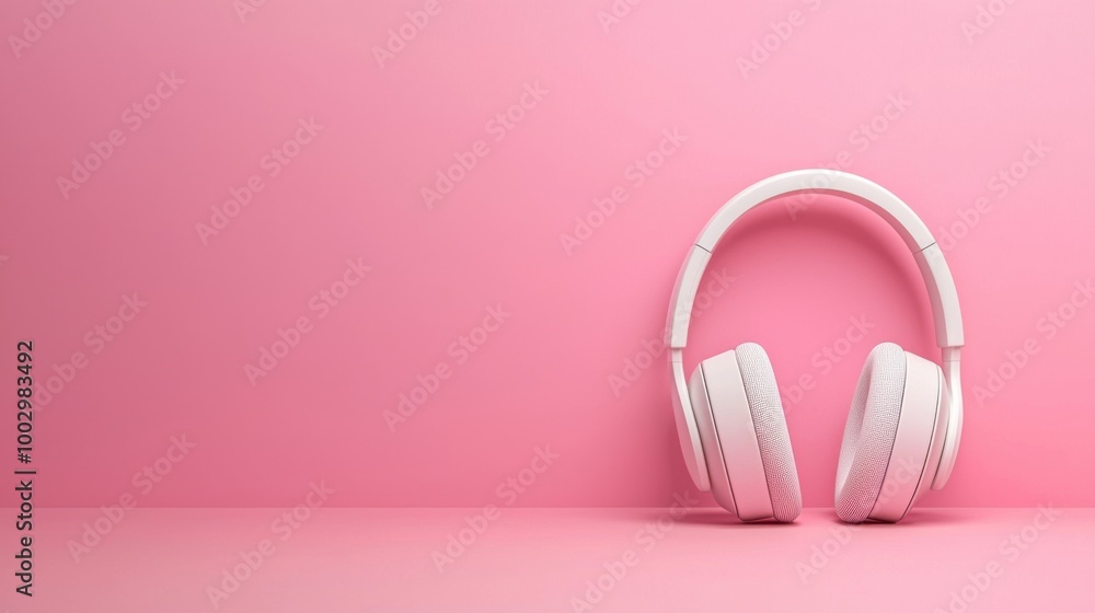 White headphones on a soft pink background showcasing modern design. White headphones on a soft pink background showcasing modern design.