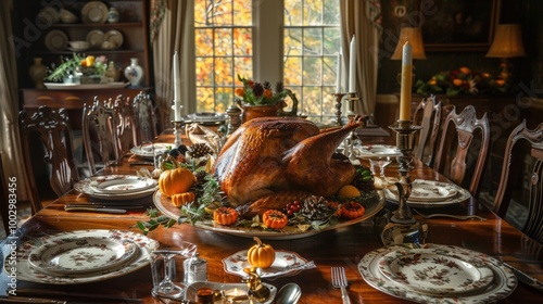 Traditional Thanksgiving Dinner Table Setting with Roasted Turkey and Elegant Vintage China