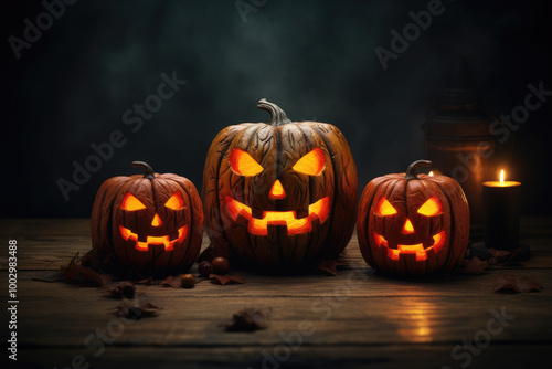 Halloween night. Candle lit Halloween Pumpkins. Halloween Backdrop with spooky pumpkins.