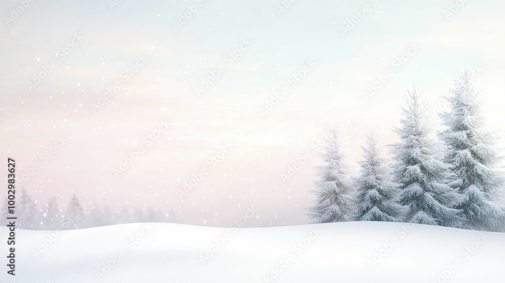 Naklejka premium Serene Winter Wonderland: Snow-Covered Trees in a Tranquil Landscape, Capturing the Essence of a Peaceful Snowy Day in Natures Embrace