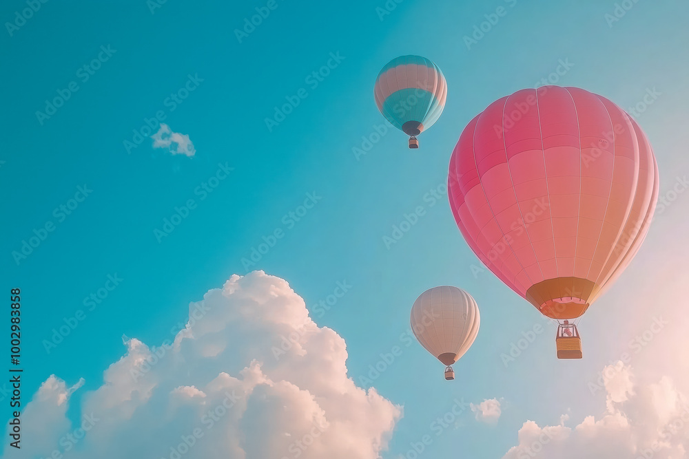 Naklejka premium Hot air balloons floating gracefully in the sky as the sun rises on the horizon, painting the clouds with vibrant colors