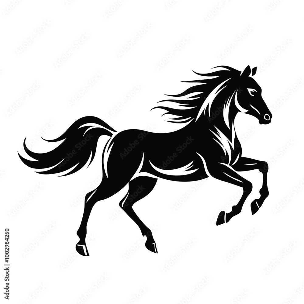 a black and white silhouette of a horse rearing up on its hind legs. The horse appears to be in mid-stride, with its front legs stretched out and its head turned to the side a black and white silhouette of a horse rearing up on its hind legs. The horse appears to be in mid-stride, with its front legs stretched out and its head turned to the side