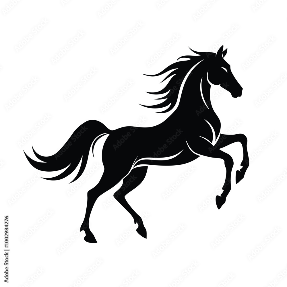 a black and white silhouette of a horse rearing up on its hind legs. The horse appears to be in mid-stride, with its front legs stretched out and its head turned to the side a black and white silhouette of a horse rearing up on its hind legs. The horse appears to be in mid-stride, with its front legs stretched out and its head turned to the side
