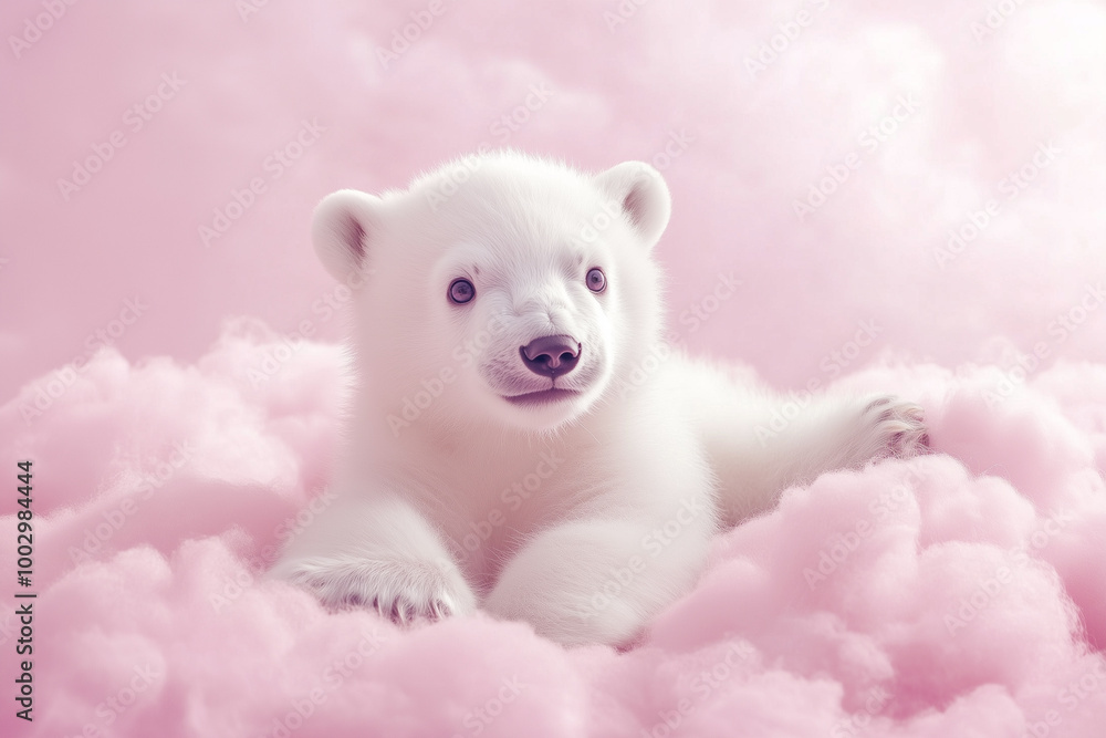 Baby polar bear sleeping on a pink fluffy pillow, surrounded by soft pastel stars, peaceful and calm scene Baby polar bear sleeping on a pink fluffy pillow, surrounded by soft pastel stars, peaceful and calm scene