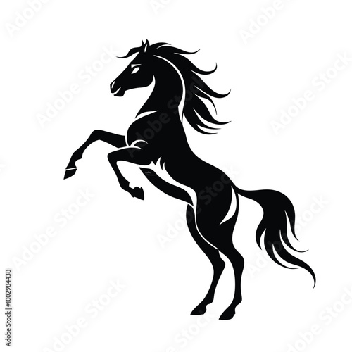 a black and white silhouette of a horse rearing up on its hind legs. The horse appears to be in mid-stride, with its front legs stretched out and its head turned to the side