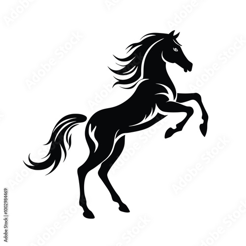 a black and white silhouette of a horse rearing up on its hind legs. The horse appears to be in mid-stride, with its front legs stretched out and its head turned to the side