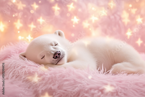 Baby polar bear sleeping on a pink fluffy pillow, surrounded by soft pastel stars, peaceful and calm scene photo