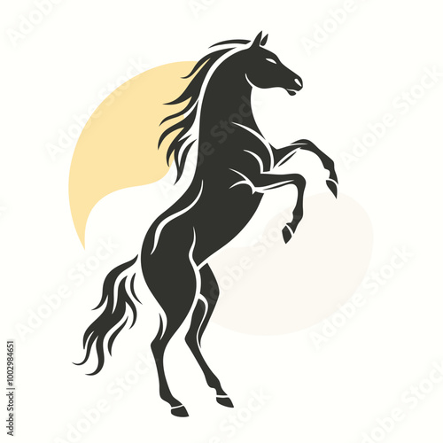 a black and white silhouette of a horse rearing up on its hind legs. The horse appears to be in mid-stride, with its front legs stretched out and its head turned to the side