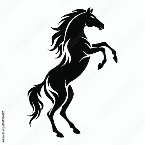 a black and white silhouette of a horse rearing up on its hind legs. The horse appears to be in mid-stride, with its front legs stretched out and its head turned to the side