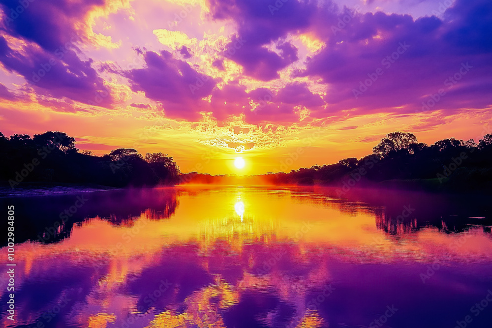 Peaceful riverside scene with the sun rising over the water, painting the sky with hues of purple and gold Peaceful riverside scene with the sun rising over the water, painting the sky with hues of purple and gold