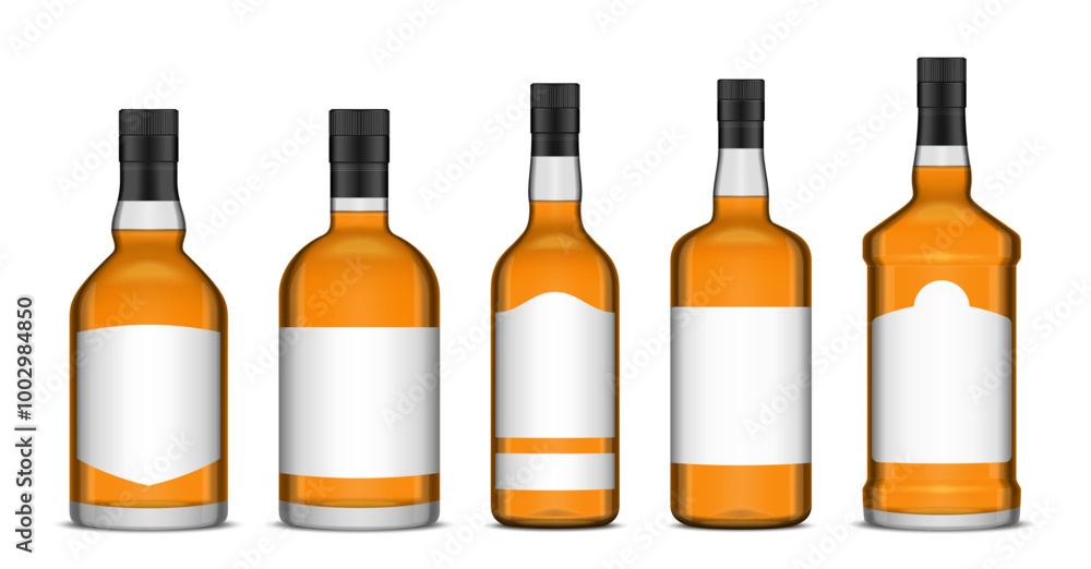 Vector whiskey, bourbon, scotch glass bottles with labels Vector whiskey, bourbon, scotch glass bottles with labels