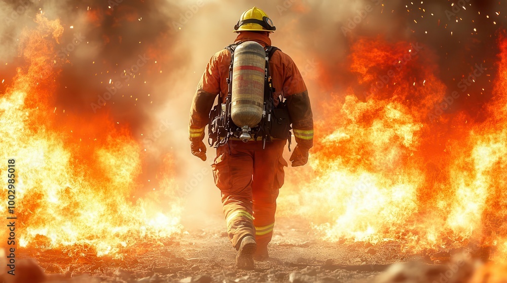 A lone firefighter walks towards a raging inferno A lone firefighter walks towards a raging inferno
