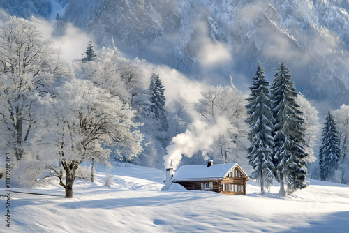 Cozy cabin nestled among towering pine trees in a snowy forest, with smoke curling from the chimney