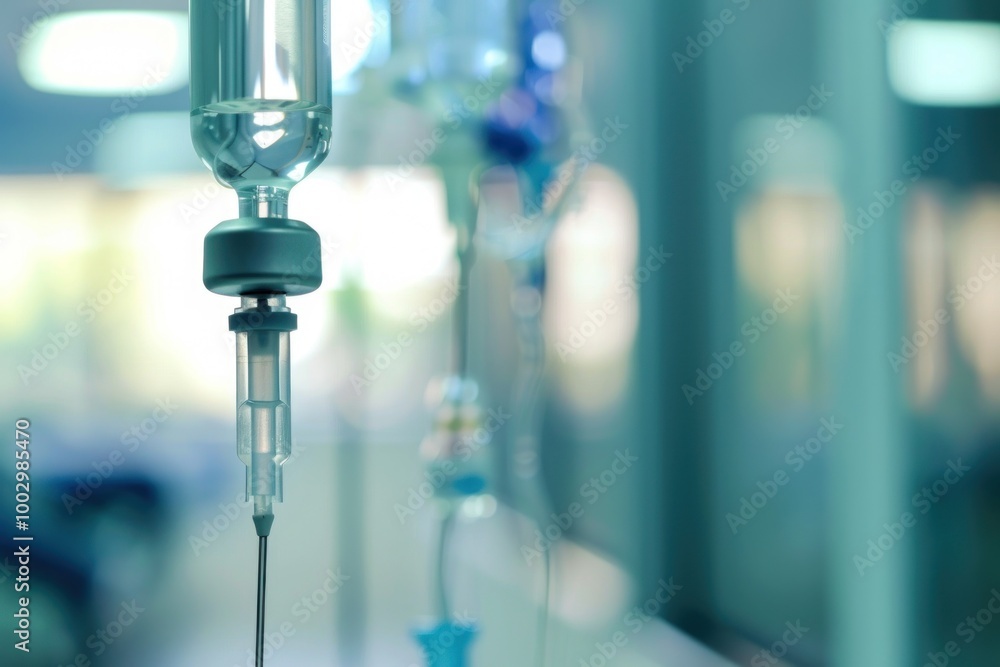 Close-up of an intravenous drip in a hospital setting. Medical equipment and healthcare concept. Close-up of an intravenous drip in a hospital setting. Medical equipment and healthcare concept.