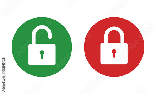 Padlock lock and unlock icon on green and red flat button, vector 10 eps.