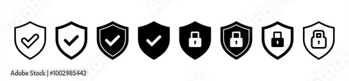 Set of security shield icons, security shields logotypes with check mark and padlock. Security shield symbols. Vector 10 eps.
