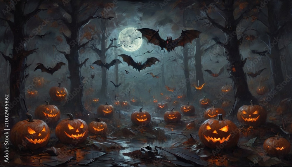 A spooky Halloween atmosphere with dimly lit pumpkins, eerie fog, and shadows casting haunting shapes. Generative AI. A spooky Halloween atmosphere with dimly lit pumpkins, eerie fog, and shadows casting haunting shapes. Generative AI.