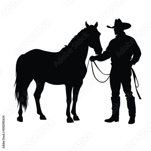a black silhouette of a cowboy and his horse. The cowboy is standing on the right side of the image, holding the reins of the horse on the left side 