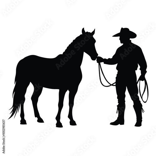 a black silhouette of a cowboy and his horse. The cowboy is standing on the right side of the image, holding the reins of the horse on the left side 