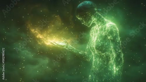 A glowing ethereal figure holds a swirling orb of energy