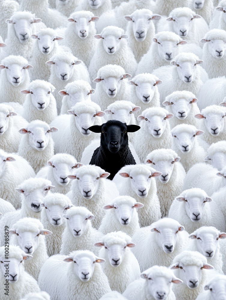 Obraz premium A lone black sheep stands surrounded by white sheep, highlighting the theme of individuality amidst uniformity
