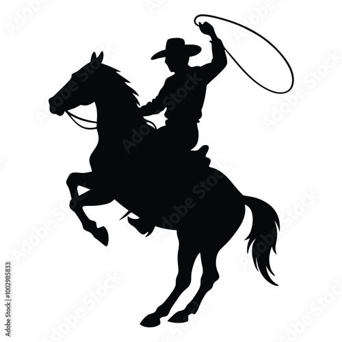 a black silhouette of a cowboy riding a horse. The cowboy is wearing a cowboy hat and is holding a lasso in his right hand 