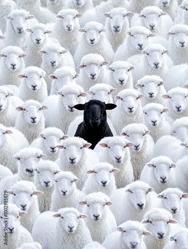 A lone black sheep stands surrounded by white sheep, highlighting the theme of individuality amidst uniformity
