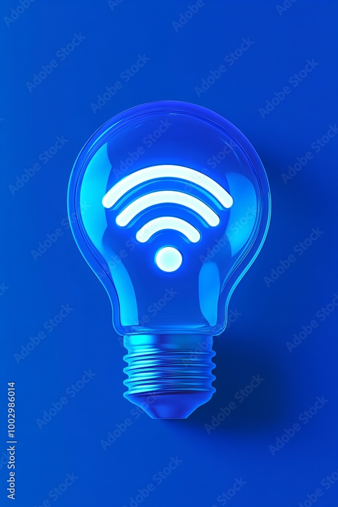 A blue light bulb with a glowing Wi-Fi symbol inside, symbolizing wireless connectivity and modern technology A blue light bulb with a glowing Wi-Fi symbol inside, symbolizing wireless connectivity and modern technology