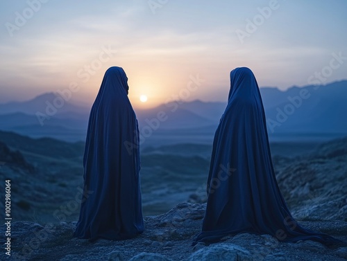 Afghan women in full burkas walking in remote mountain village, AI generated photo