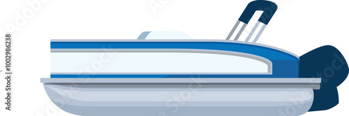 Modern blue and grey pontoon boat with motor sailing on white background