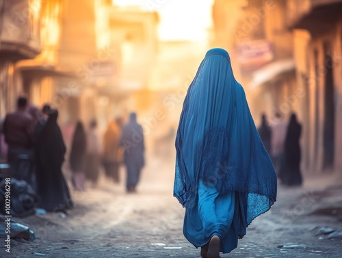 Afghan women in full burkas walking in remote mountain village, AI generated photo