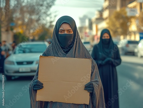 Afghan women peacefully protesting in full-body burkas, AI generated photo