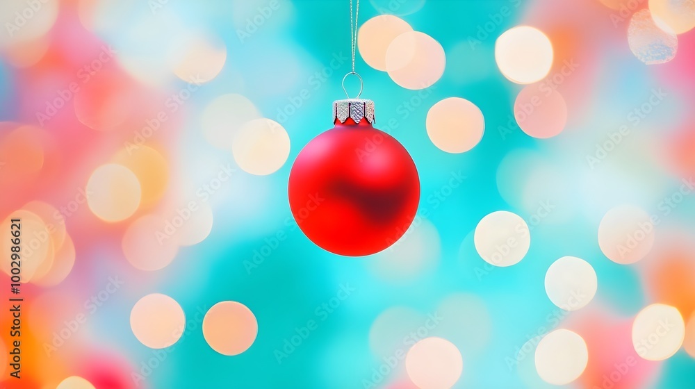 a single red Christmas ornament hanging against a festive, blurred background. The background is a mix of bright colors, predominantly turquoise and orange, with circular bokeh lights creating a soft a single red Christmas ornament hanging against a festive, blurred background. The background is a mix of bright colors, predominantly turquoise and orange, with circular bokeh lights creating a soft