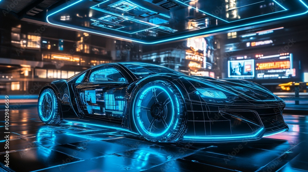 Futuristic car with neon lights in a city at night. Futuristic car with neon lights in a city at night.