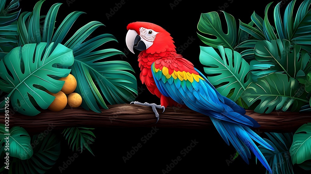 Fototapeta premium A tropical parrot perches gracefully on a branch, monstera leaves creating a lush backdrop.