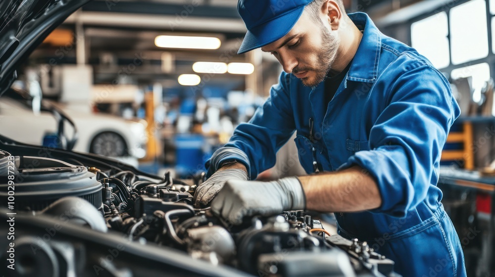 A mechanic working on a car engine in a workshop, focusing on repairs and maintenance. A mechanic working on a car engine in a workshop, focusing on repairs and maintenance.