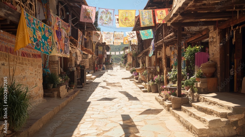 Obraz premium Bustling Village Square: Artisans Showcasing Crafts with Colorful Banners