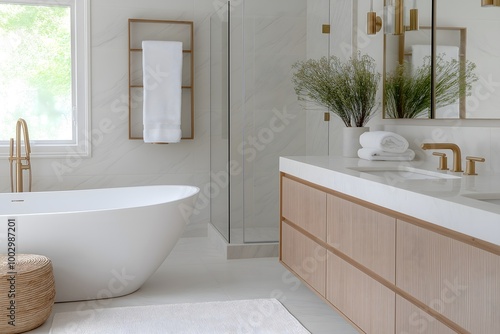 Modern Luxury Bathroom with Marble Vanity, Freestanding Tub, and Brushed Gold Fixtures