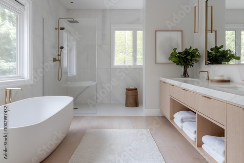 Modern Luxury Bathroom with Marble Vanity, Freestanding Tub, and Brushed Gold Fixtures