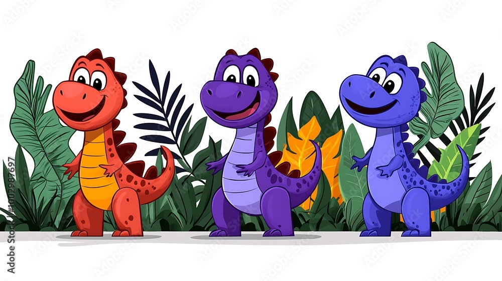 Obraz premium Cute cartoon dinosaur friends explore a lively jungle, filled with wonder and charm.