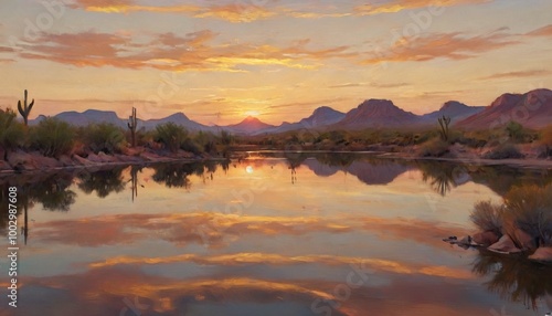 Wallpaper Mural A serene Arizona landscape where the golden hues of sunset reflect on a calm desert lake, evoking feelings of peace and solitude, Generative AI Torontodigital.ca