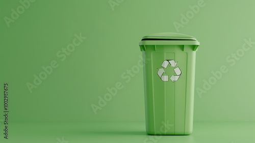 green trash can with recycling logo on green background