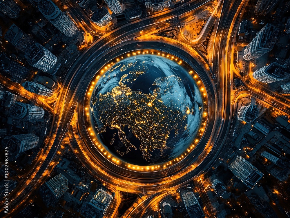 Fototapeta premium Captivating Night Cityscape Poster: A Stunning Overhead View with Glowing Roads and a Highlighted Globe of Europe’s Landmarks - Perfect for Sport and Urban Interior Decor!
