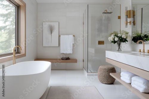 Modern Luxury Bathroom with Marble Vanity, Freestanding Tub, and Brushed Gold Fixtures