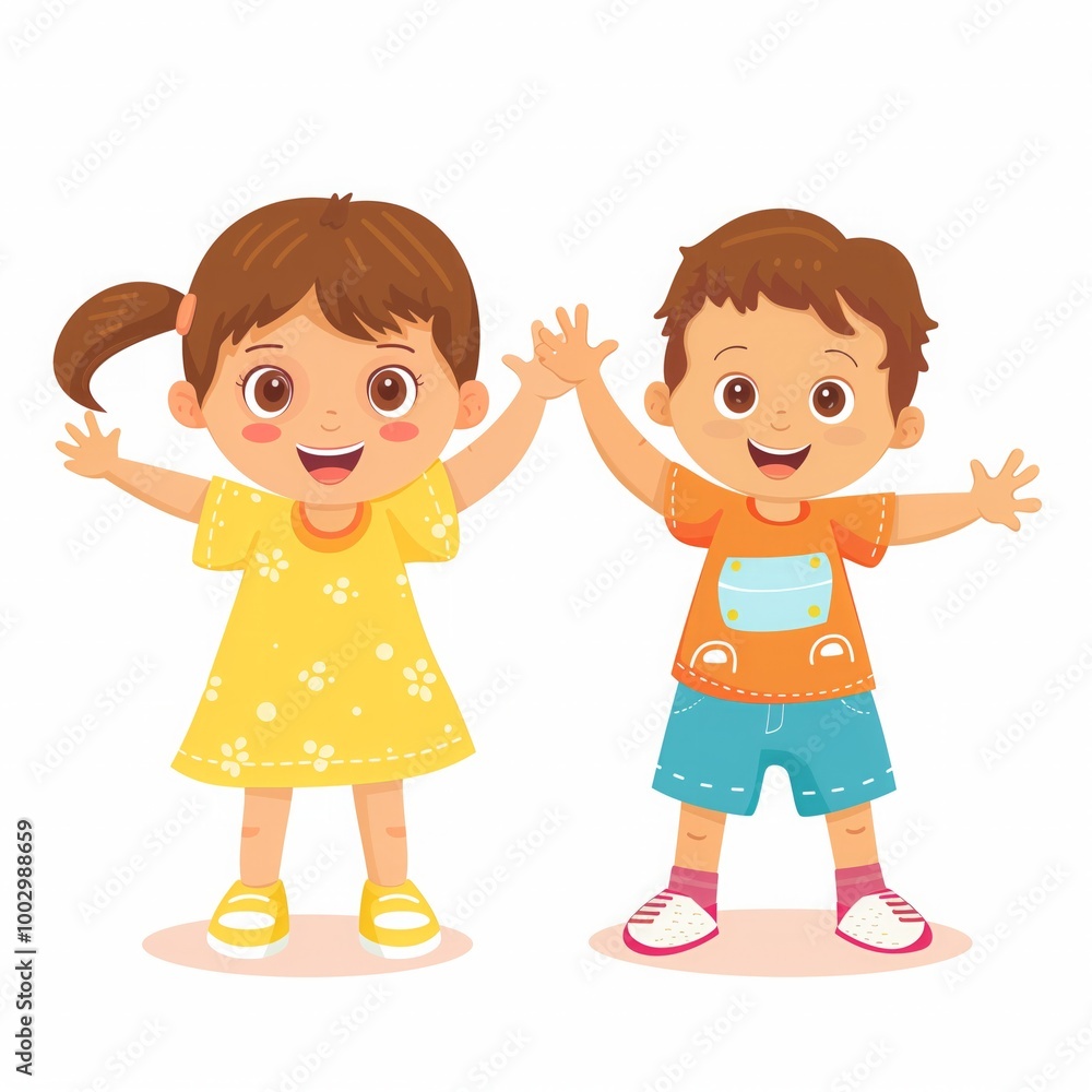 Two children are standing next to each other, one wearing a yellow dress Two children are standing next to each other, one wearing a yellow dress