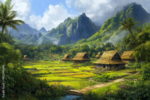 Wallpaper Mural Mountain village nestled in a lush green valley, with quaint cottages and terraced fields dotting the landscape Torontodigital.ca