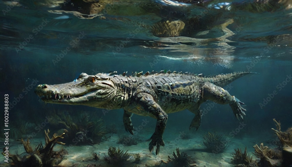 A fascinating underwater shot of a crocodile swimming gracefully through the depths, illustrating its adaptability and elegance in the aquatic realm, Generative AI A fascinating underwater shot of a crocodile swimming gracefully through the depths, illustrating its adaptability and elegance in the aquatic realm, Generative AI