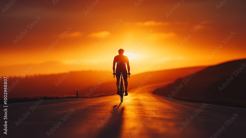 Rear back view of a cyclist man silhouetted against the orange twilight sky, riding on an asphalt road at dusk. Highlights summer outdoor sport activity and healthy lifestyle. Rear back view of a cyclist man silhouetted against the orange twilight sky, riding on an asphalt road at dusk. Highlights summer outdoor sport activity and healthy lifestyle.