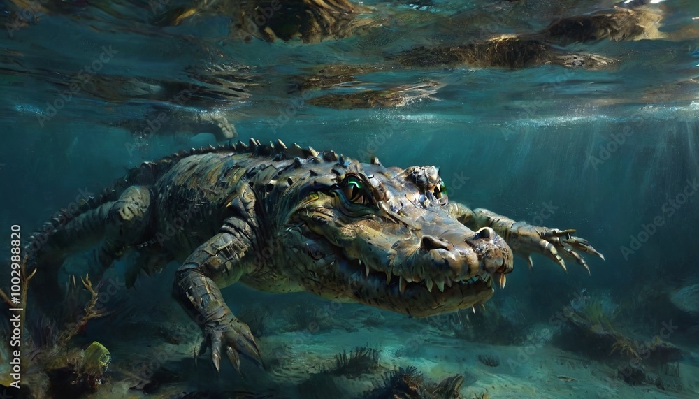 custom made wallpaper toronto digitalA fascinating underwater shot of a crocodile swimming gracefully through the depths, illustrating its adaptability and elegance in the aquatic realm, Generative AI