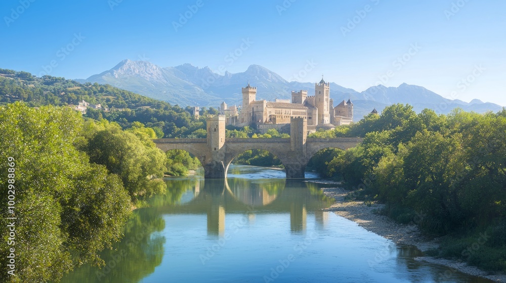 Majestic Medieval Bridge Over Sparkling River with Castles and Mountain View Majestic Medieval Bridge Over Sparkling River with Castles and Mountain View